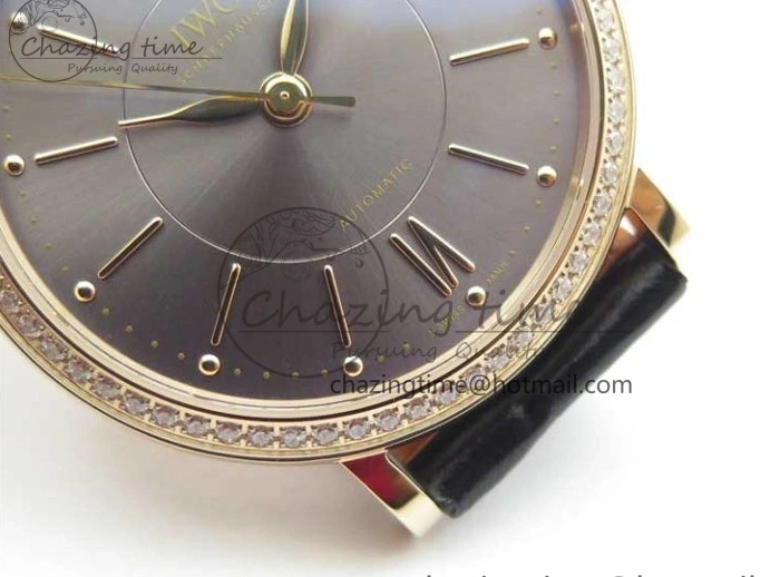 MIROTIME 0522 Durable Portofino 37mm RG V7F 1:1 Best Edition Gray Dial Diamonds Bezel on Black Leather Strap A 7089
